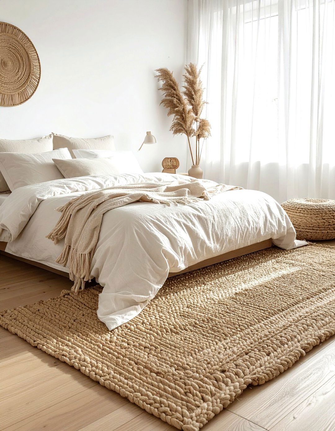 Jute area rug - 30 bohemian cream bedroom ideas