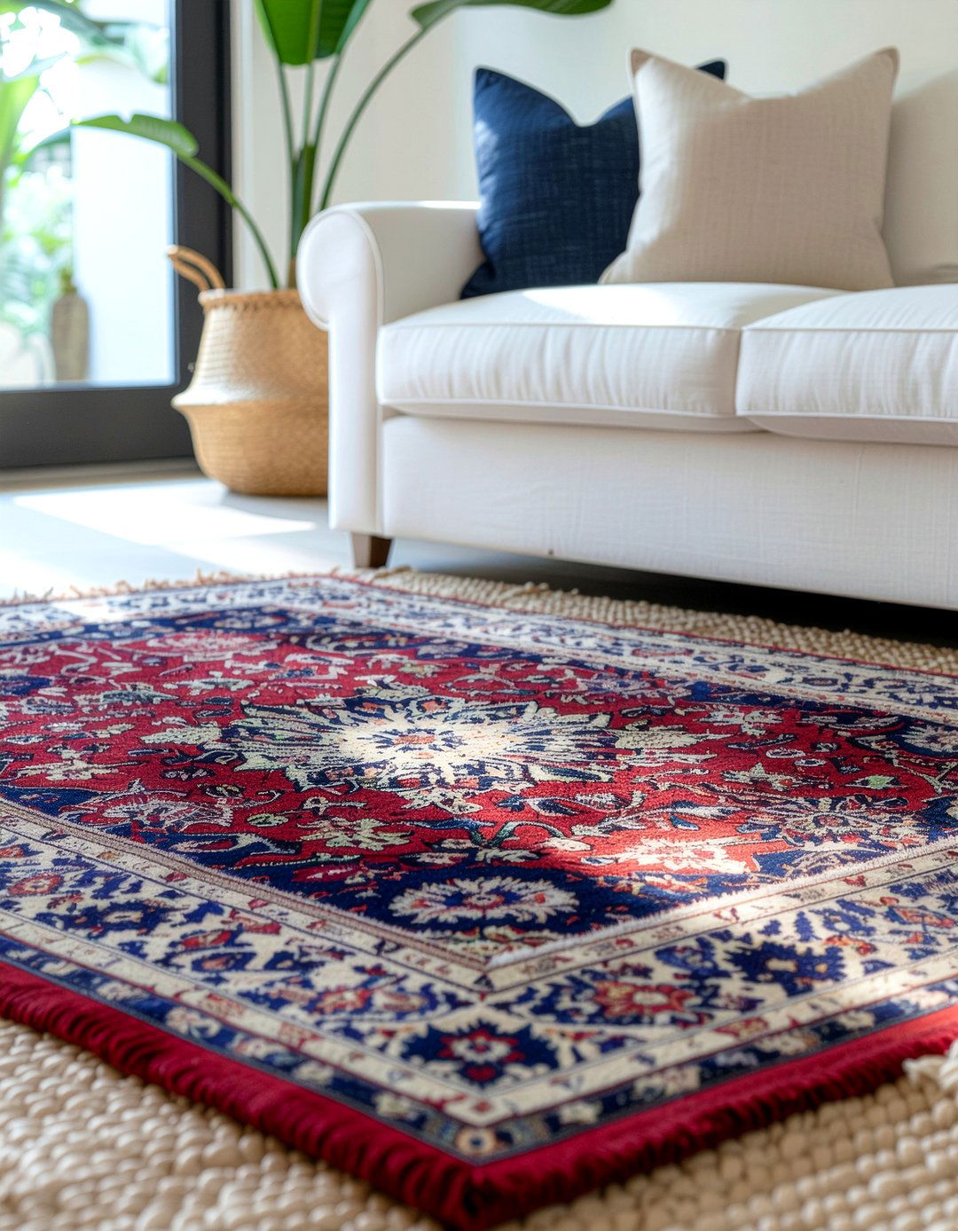 Jute rug with vintage rug - 30 living room rug layering ideas