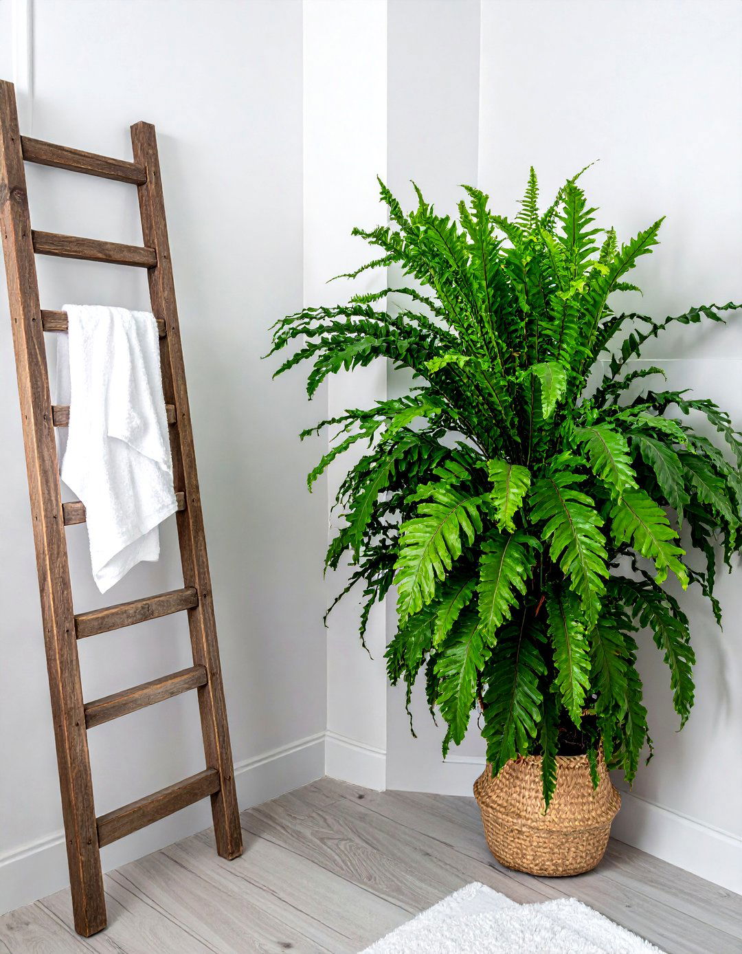 Kangaroo Paw Fern Wooden Ladder - 30 bathroom fern ideas