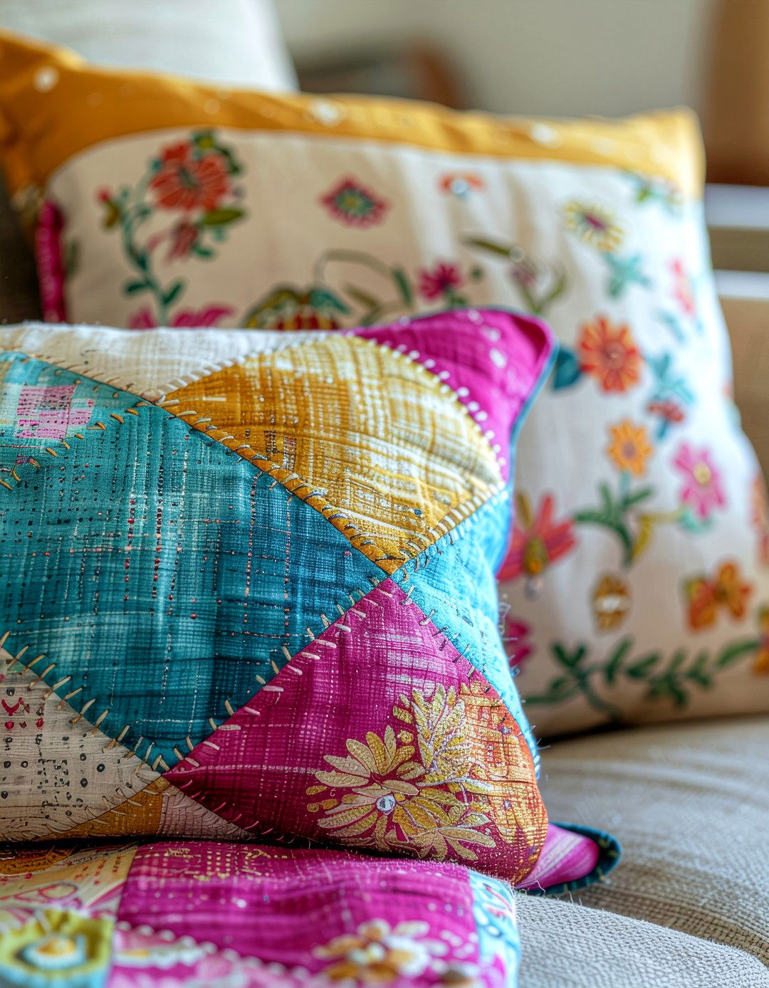 Kantha stitch pillow - 30 embroidered living room ideas