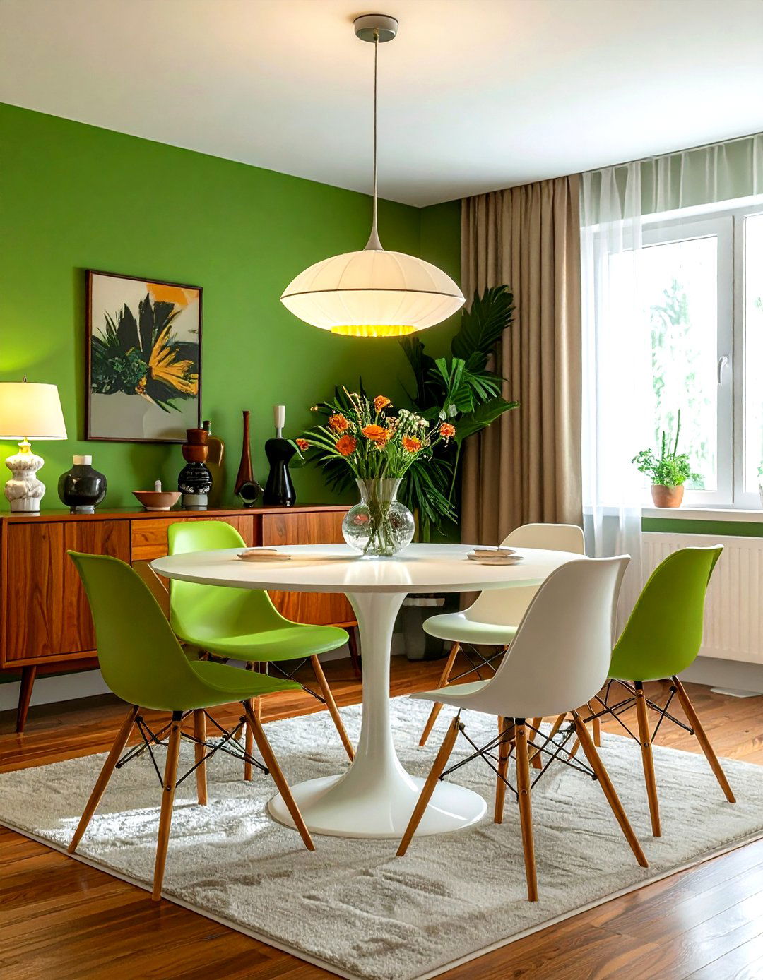 Kelly green mid century dining room - 30 green and white dining room ideas