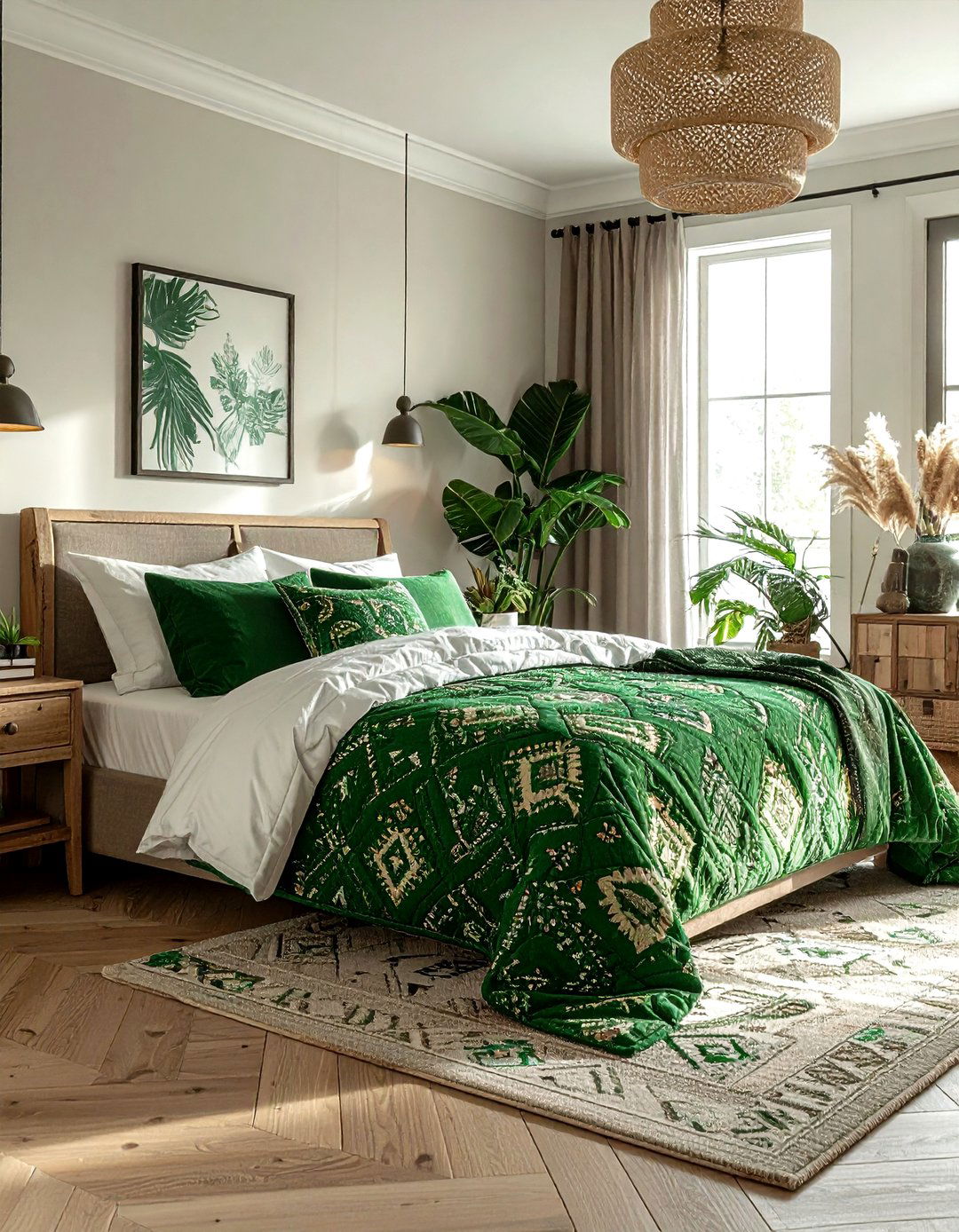 Kelly green patterned quilt - 30 bohemian green bedroom ideas