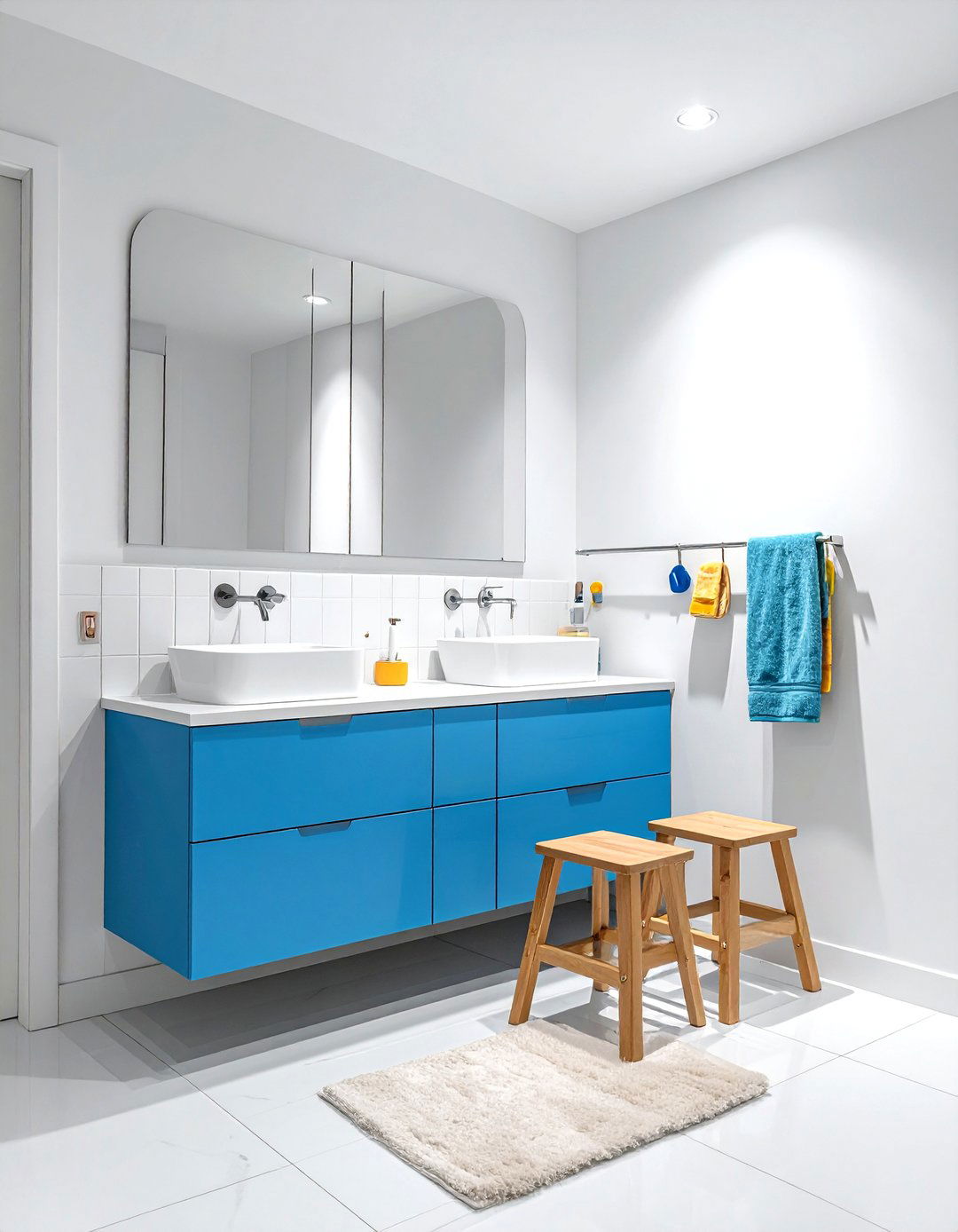 Kids bathroom with double sink and step stools - 30 bathroom furniture arrangement