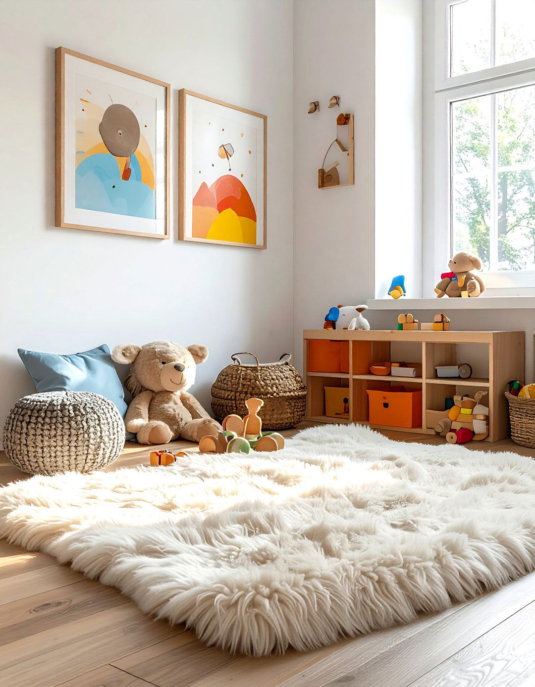 Kids playroom with sheepskin rug corner - 30 sheepskin rug ideas