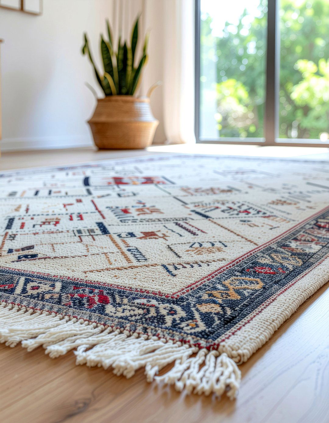 Kilim rug over jute rug - 30 living room rug layering ideas