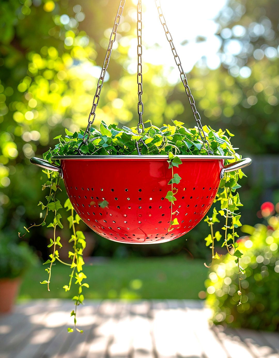 Kitchen colander hanging planter - 30 repurposed decor ideas