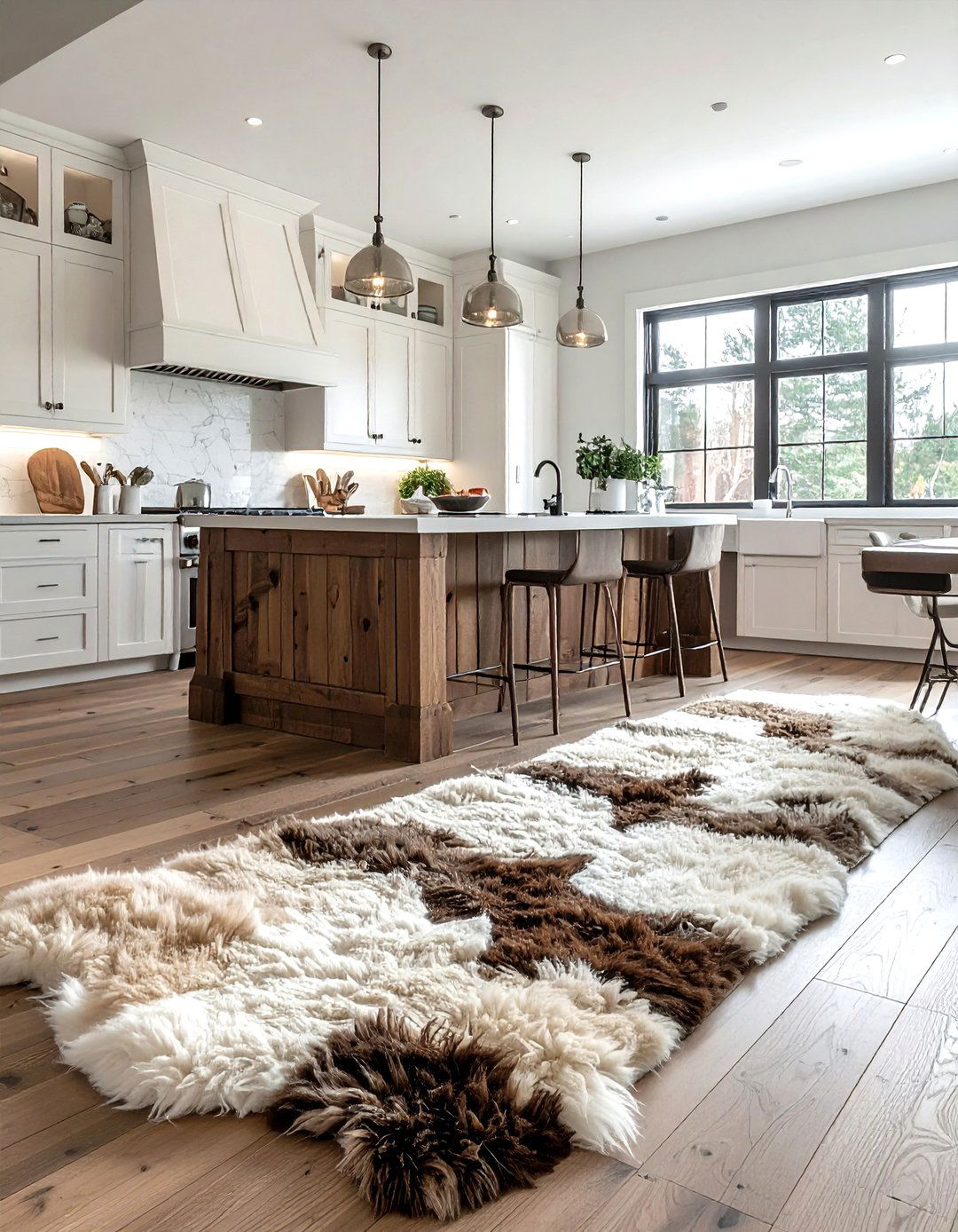 Kitchen floor with sheepskin rug runner - 30 sheepskin rug ideas