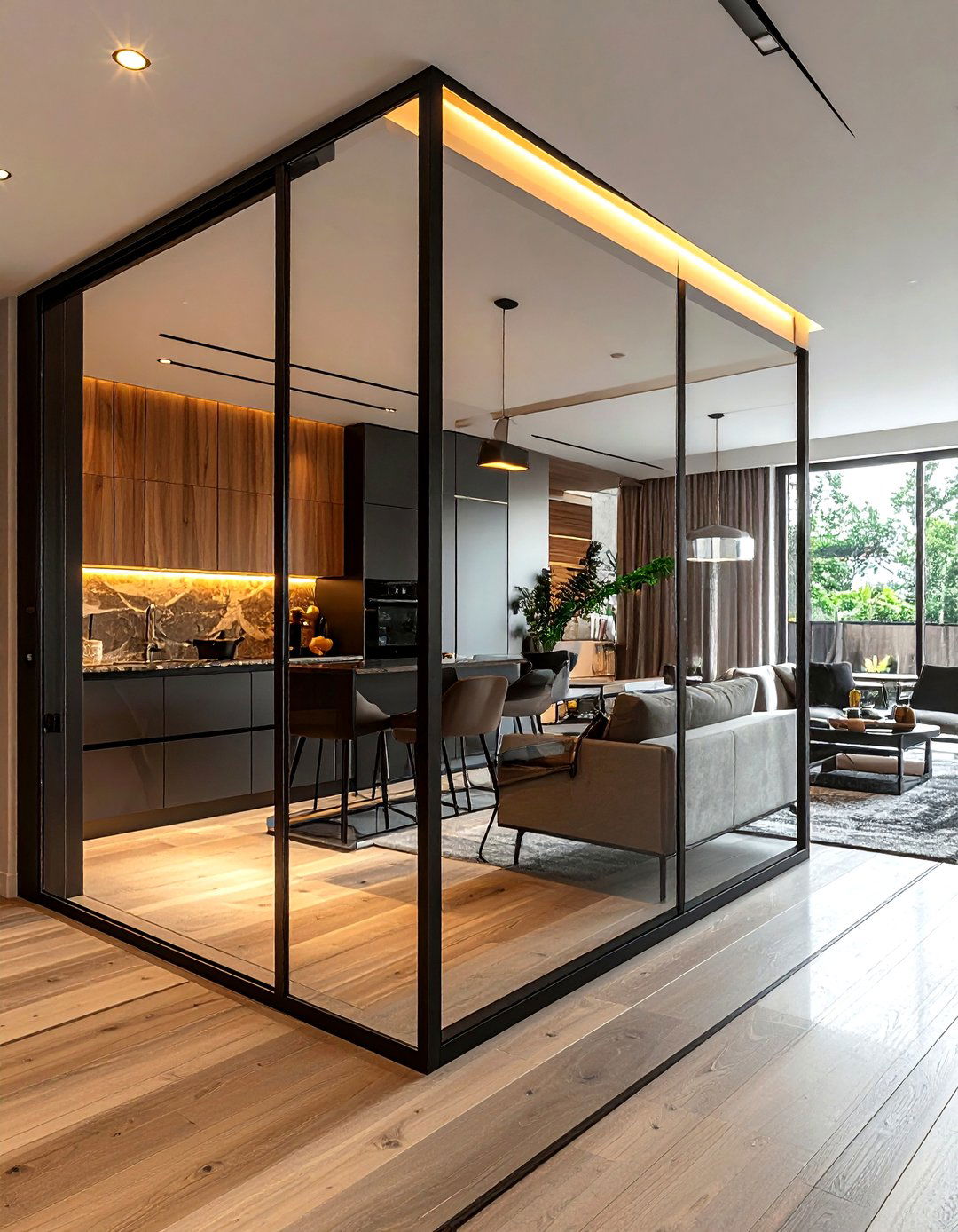 Kitchen living room with glass partition - 30 kitchen living room combo ideas