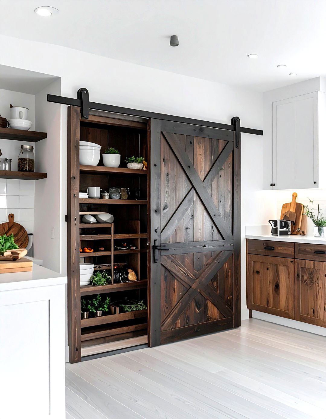 Kitchen with sliding barn door pantry - 30 kitchen reconfiguration ideas