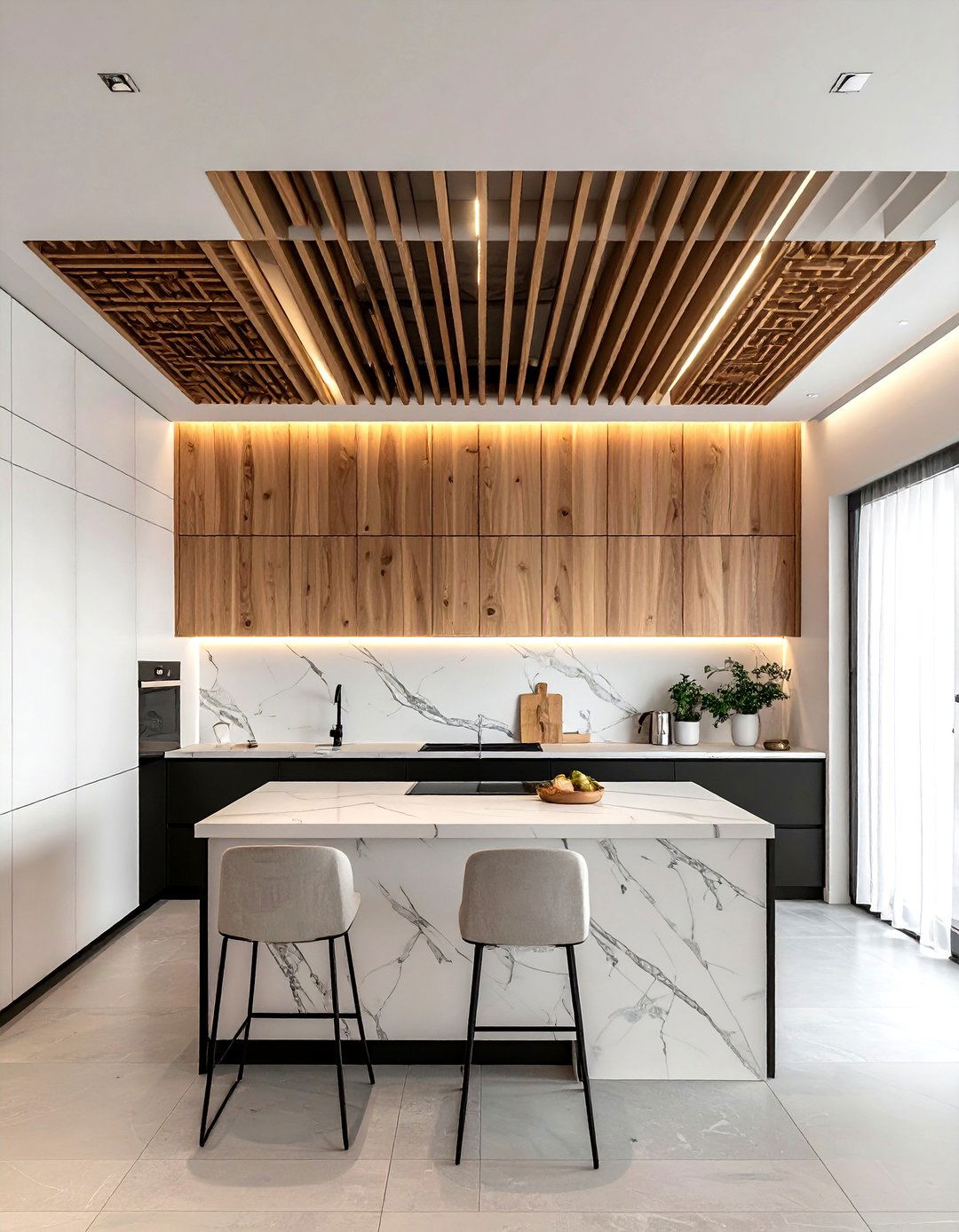 Kitchen wood slats - 30 kitchen ceiling ideas