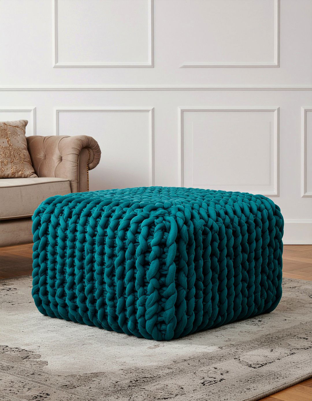 Knitted ottoman cover - 30 knitted living room ideas