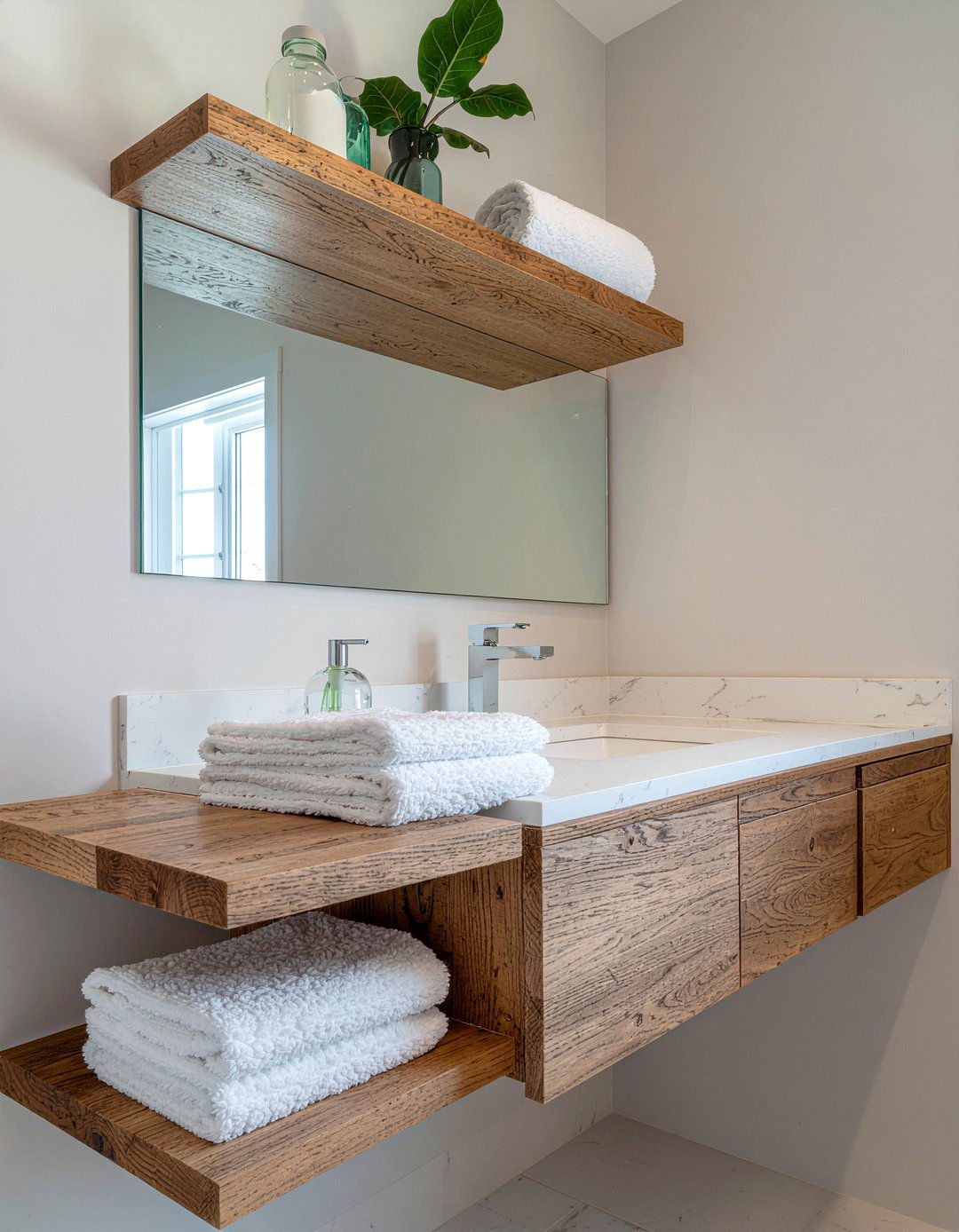 L shaped bathroom with floating shelving unit - 30 L-shaped bathroom layout ideas