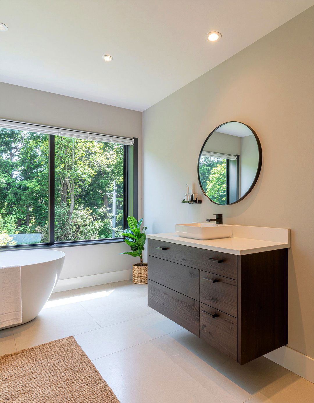 L shaped guest bathroom with floating vanity - 30 L-shaped bathroom layout ideas