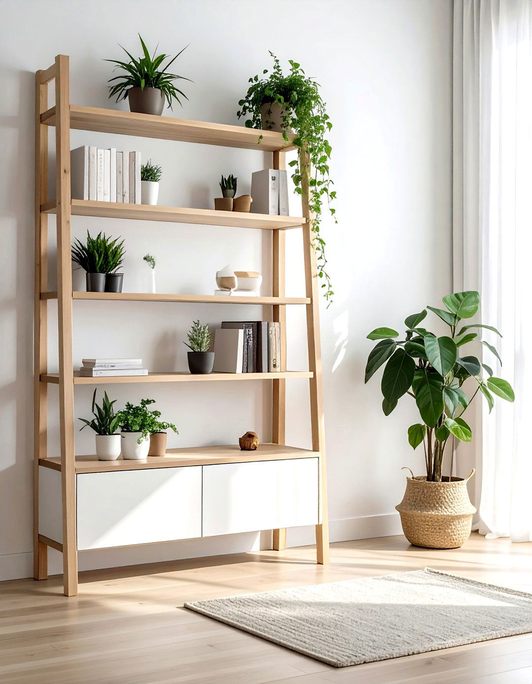 Ladder Shelf With Bottom Cabinet - 30 living room cabinet storage ideas