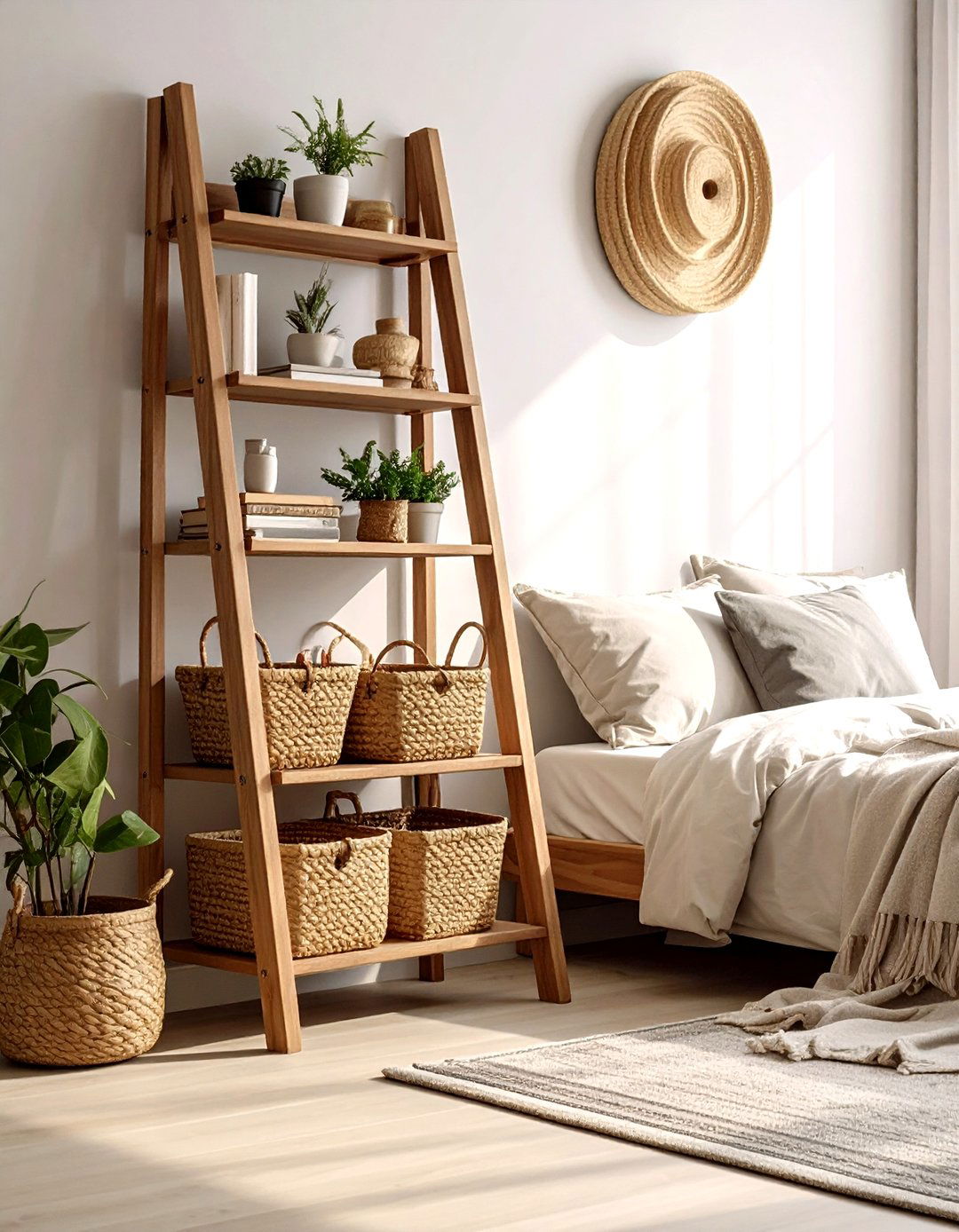 Ladder Wall Shelf - 30 bedroom overhead storage ideas
