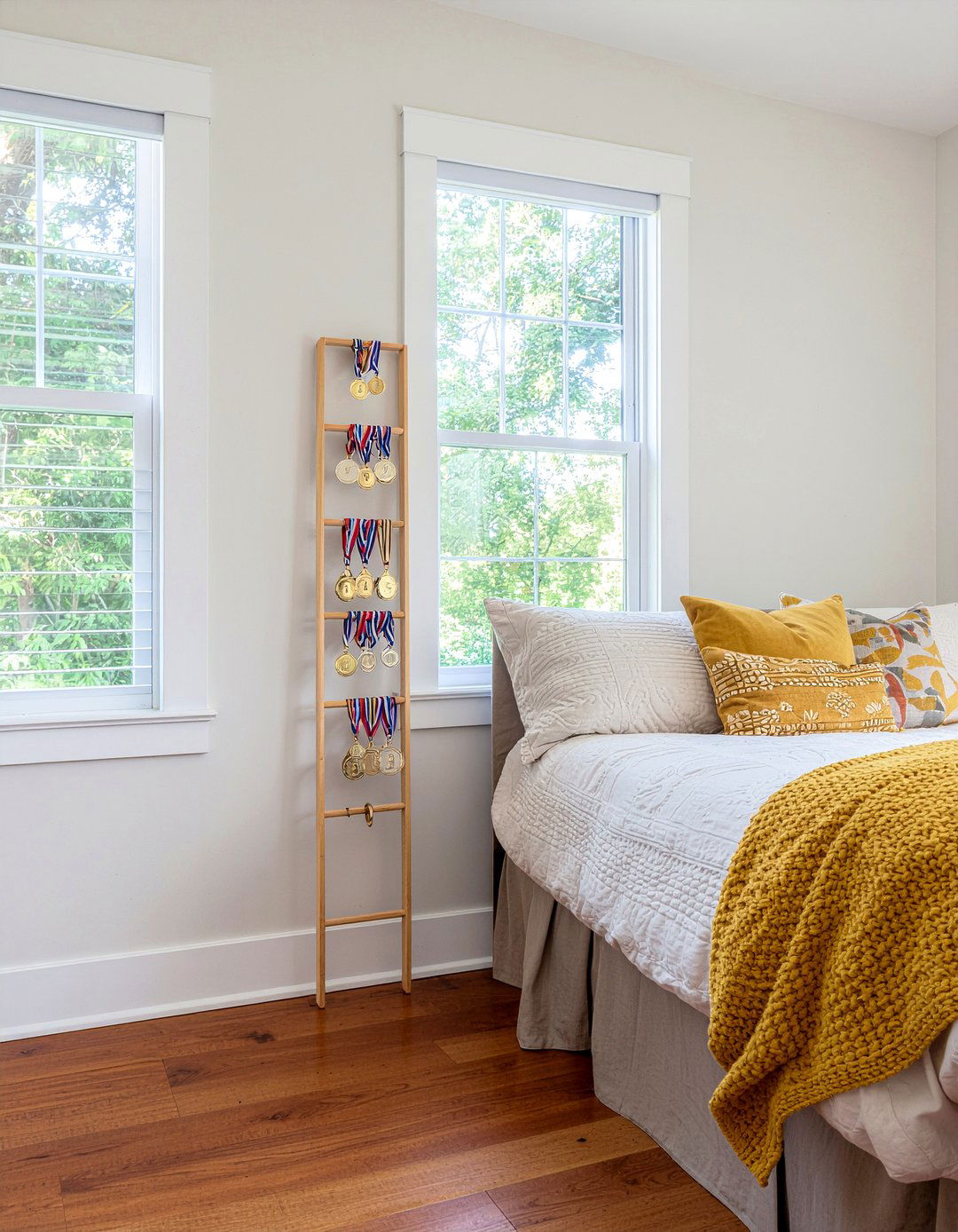 Ladder medal rack - 30 bedroom medal display ideas
