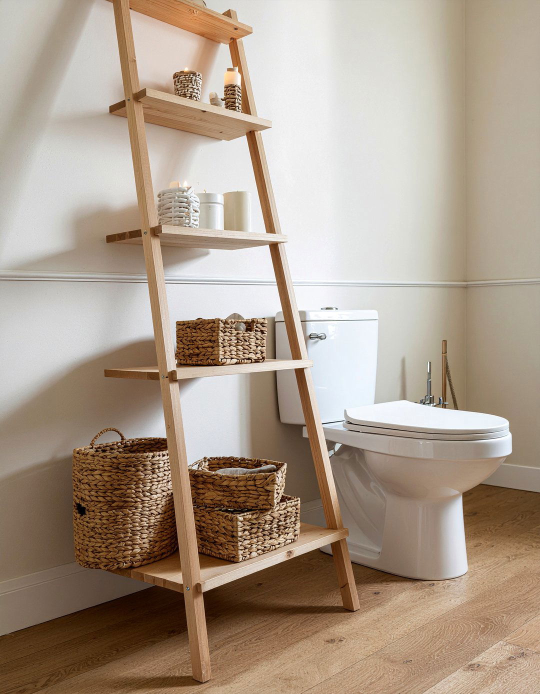 Ladder shelf - 30 over toilet storage ideas