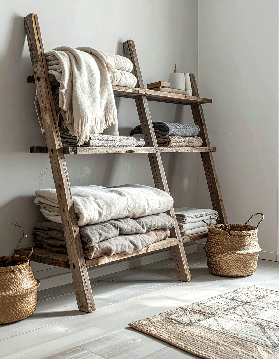 Ladder shelf for blankets - 30 bedroom storage hacks