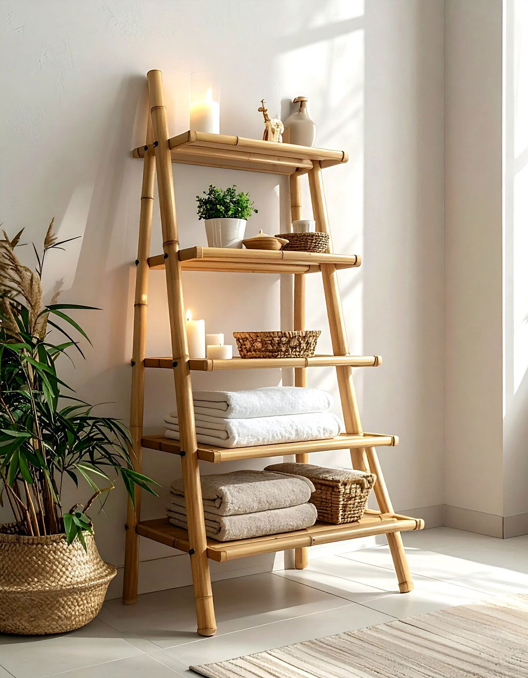 Ladder shelf for decor - 30 bathroom organization hacks