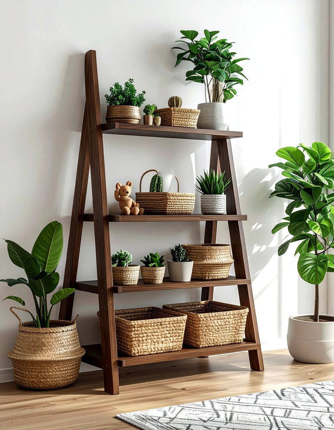 Ladder shelf toy display - 30 living room toy storage ideas