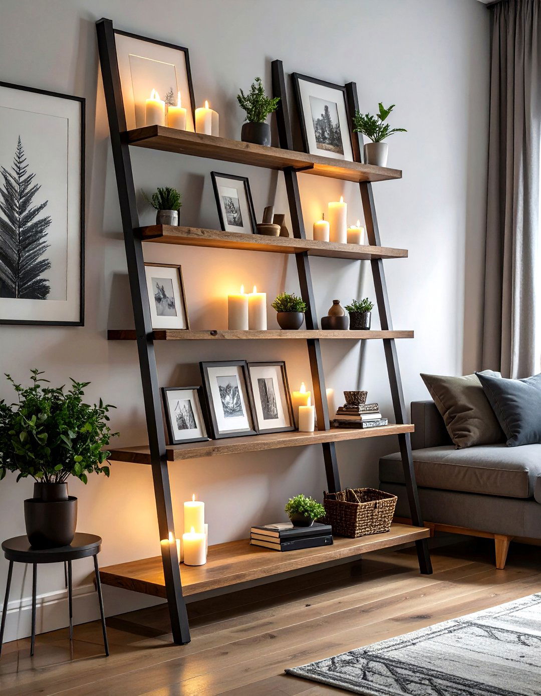 Ladder shelf wall mount - 30 living room hanging storage ideas