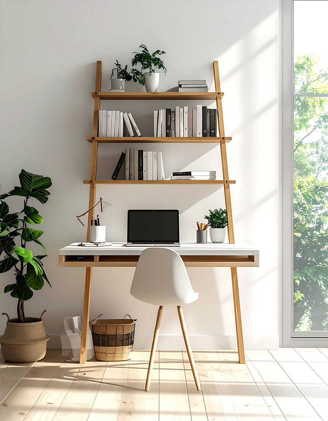 Ladder shelf with desk - 30 living room ladder shelf ideas