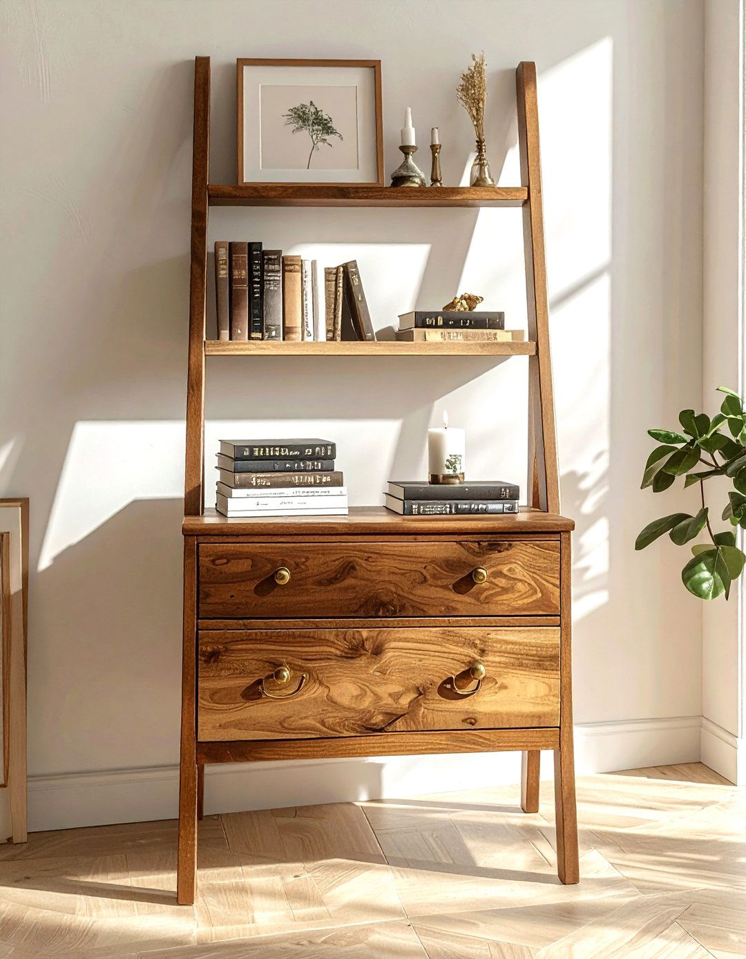 Ladder shelf with drawers - 30 living room ladder shelf ideas