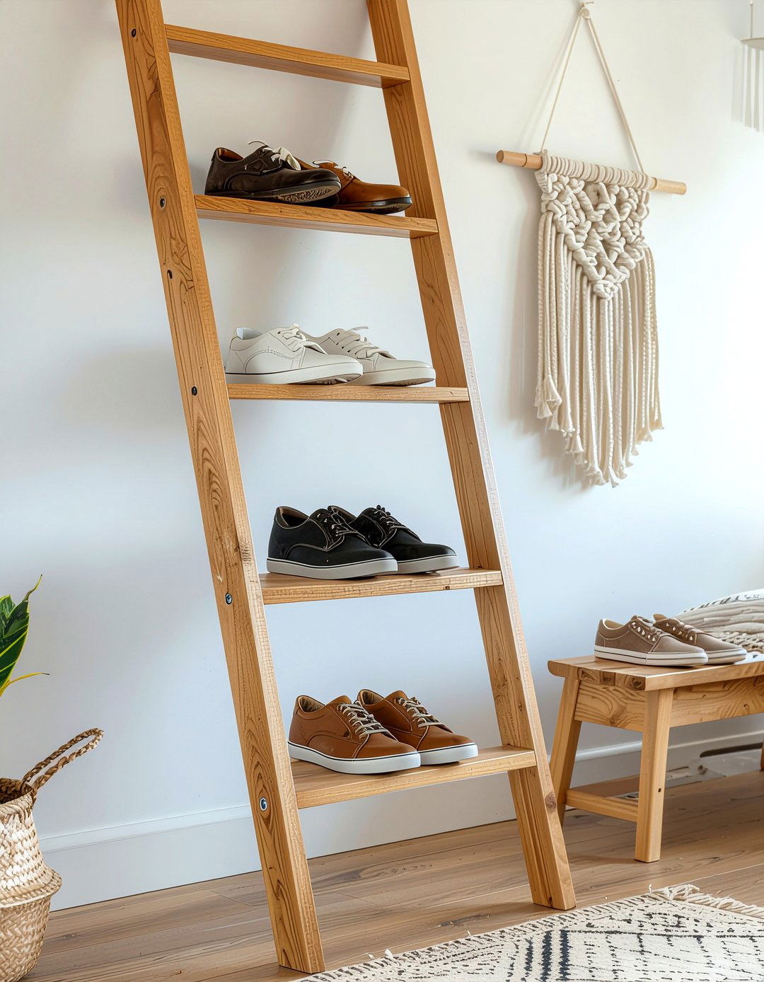 Ladder shoe shelf - 30 entryway shoe storage ideas