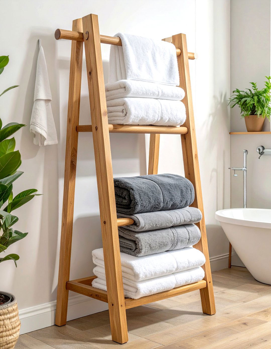 Ladder towel rack - 30 Fixer Upper bathroom ideas