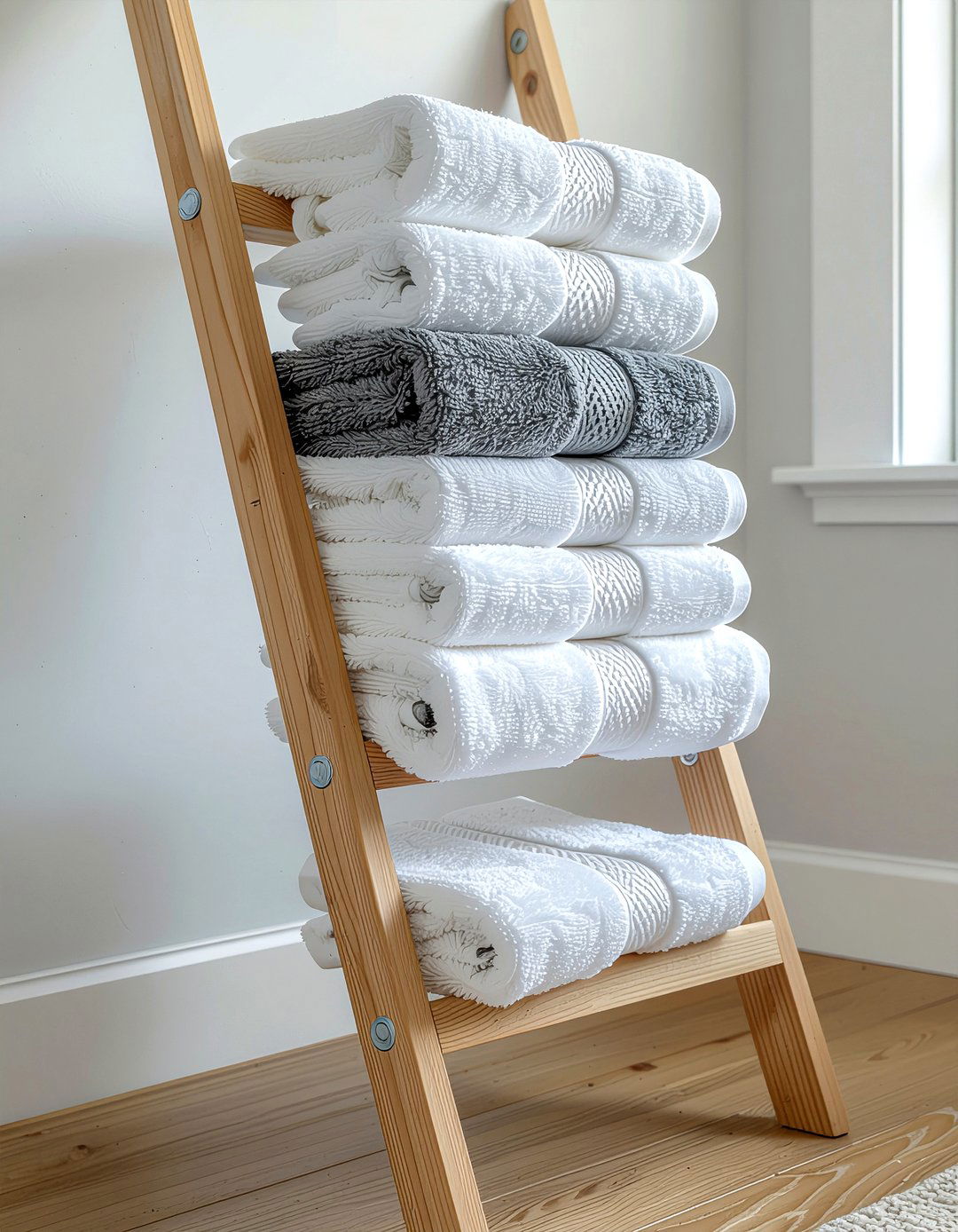 Ladder towel rack - 30 bathroom maximization ideas