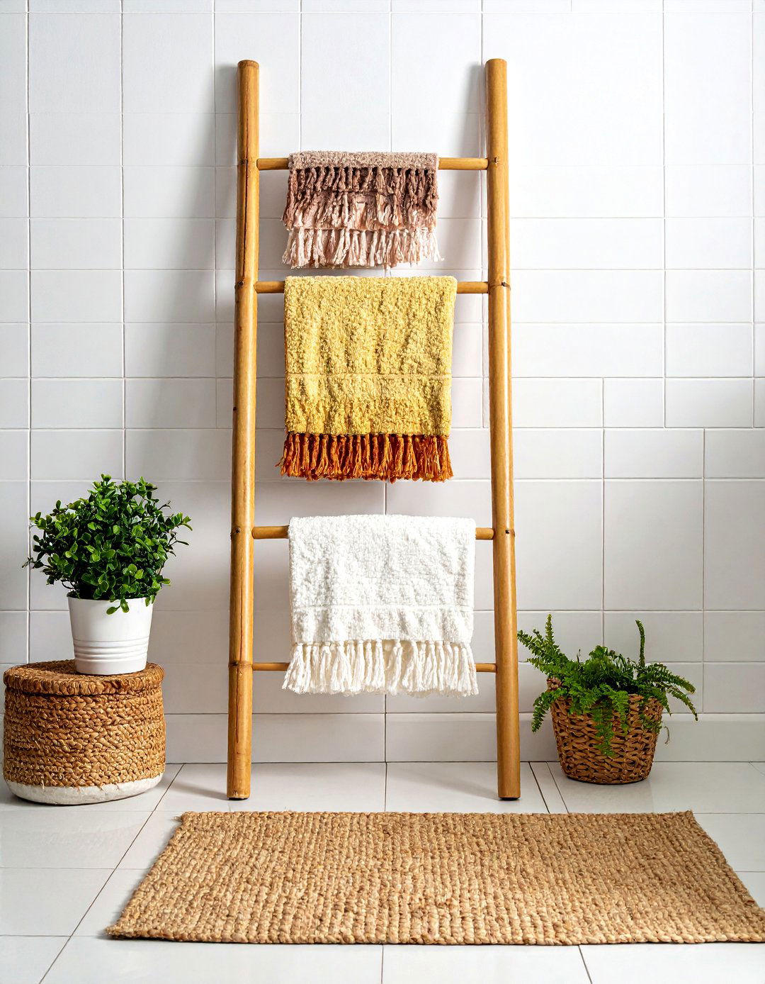 Ladder towel rack bathroom - 30 boho bathroom ideas