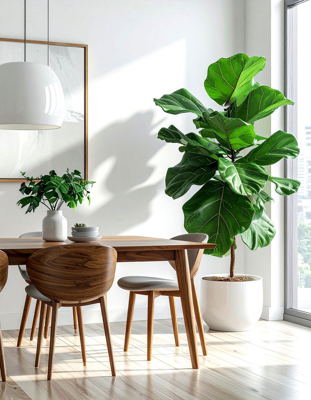 Large Fiddle Leaf Fig in Dining Room Corner - 30 dining room indoor plant ideas