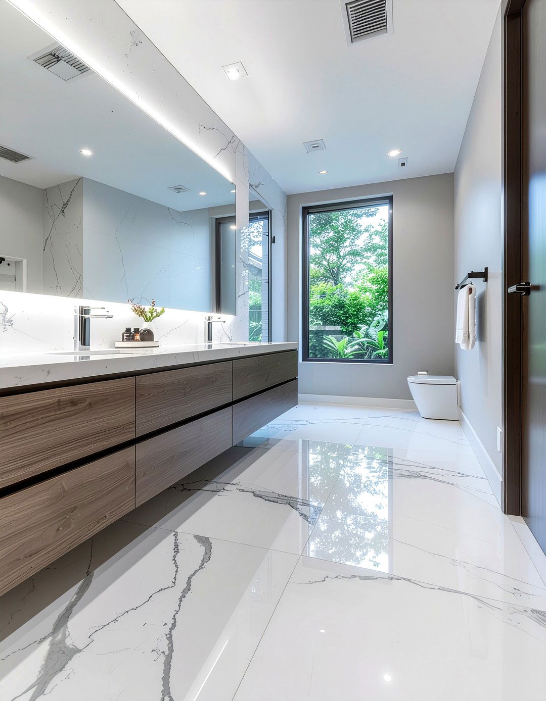 Large Format Marble Slab - 30 bathroom floor statement ideas