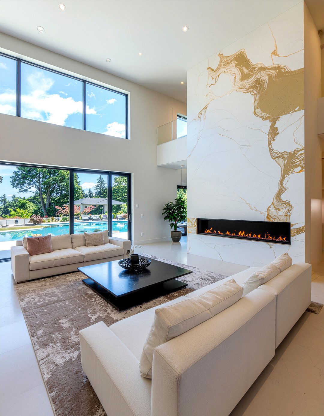 Large Format Porcelain Fireplace - 30 living room linear fireplace ideas