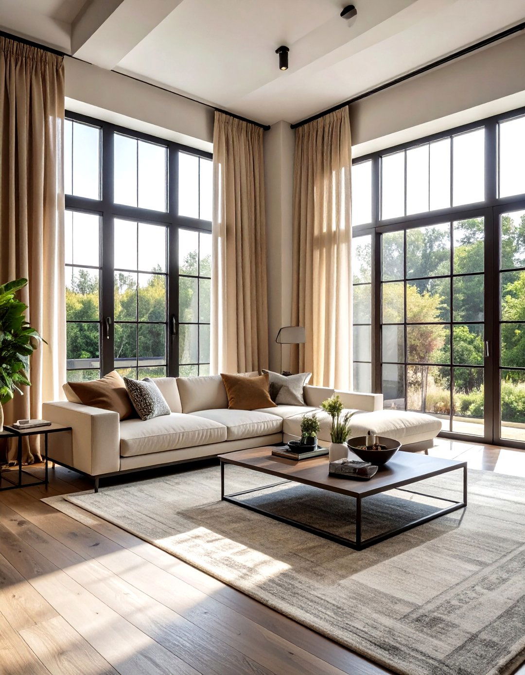 Large Industrial Windows Beige Curtains - 30 industrial beige living room ideas