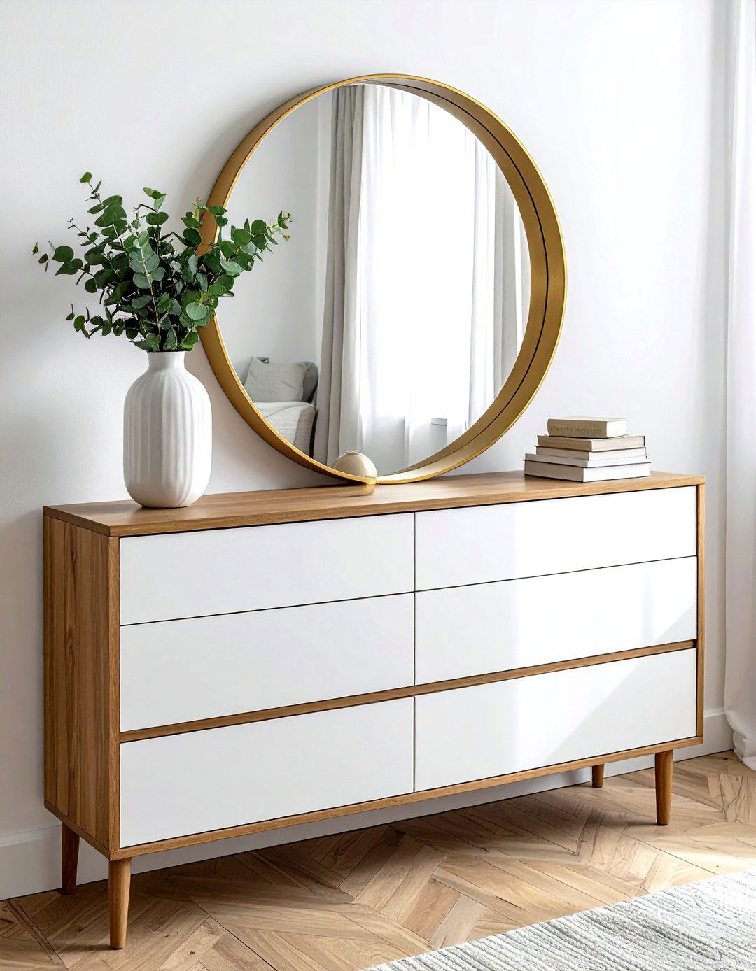 Large Round Mirror - 30 dresser top styling ideas