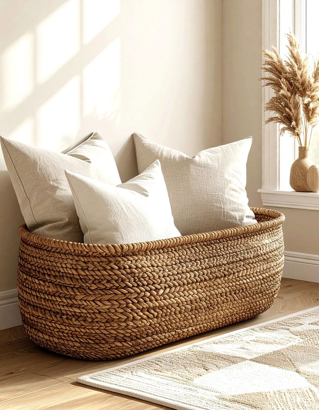Large Woven Basket - 30 living room pillow storage ideas