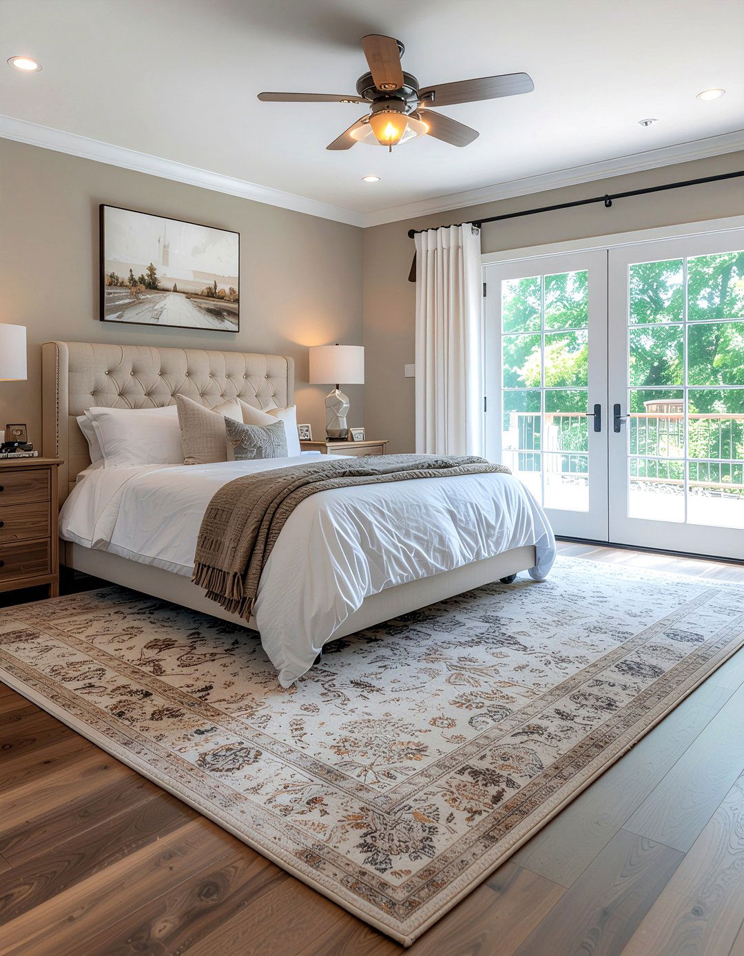 Large area rug placement - 30 spacious bedroom ideas