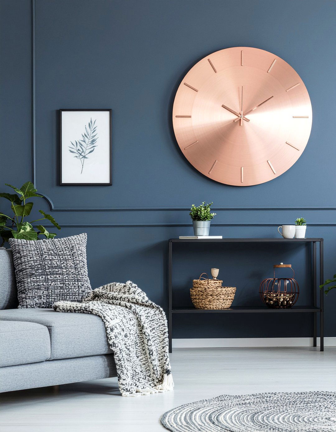 Large copper wall clock - 30 copper accent living room ideas