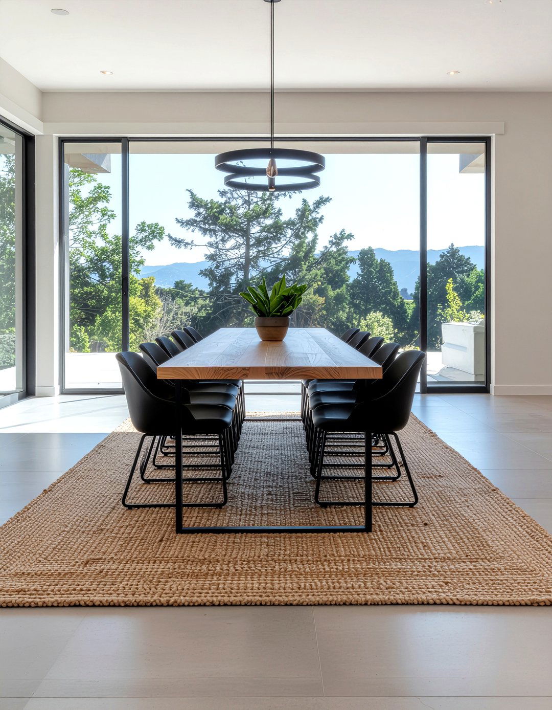 Large jute rug under rectangular dining table - 30 jute rug dining room ideas