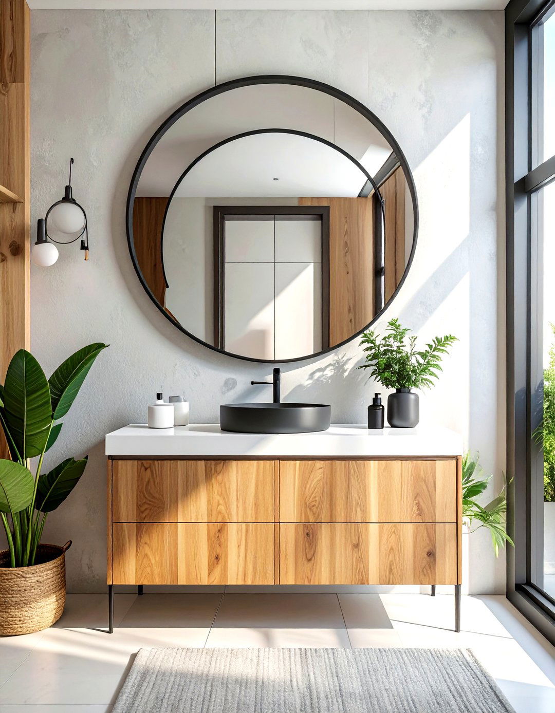 Large round mirror - 30 small powder room ideas