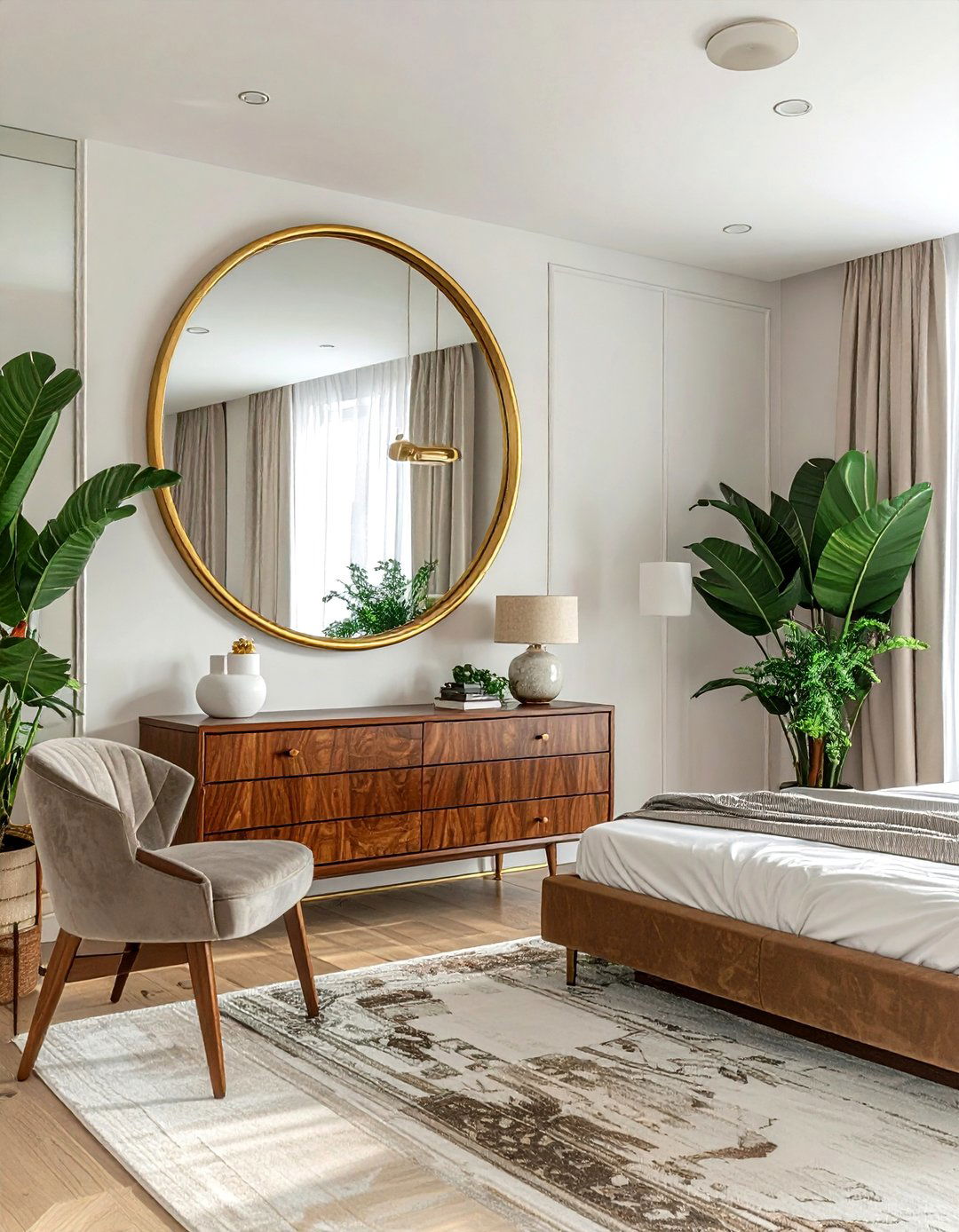 Large round mirror bedroom - 30 mid-century glam bedroom ideas