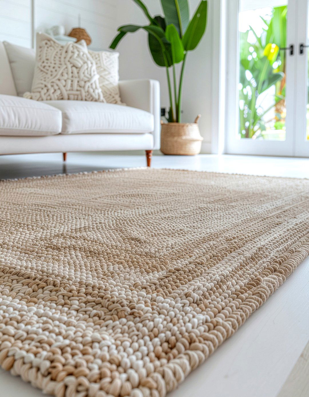 Large seagrass rug with wool rug - 30 living room rug layering ideas