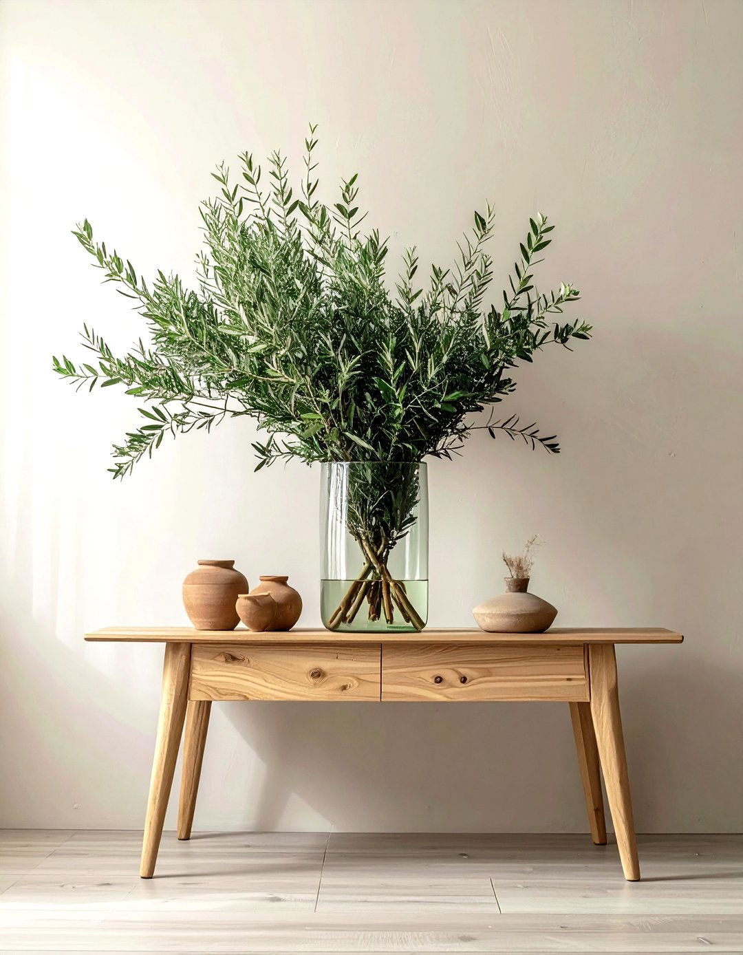 Large vase greenery console table - 30 console table decor ideas