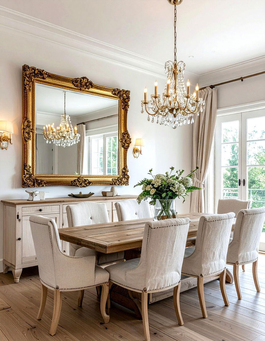 Large wall mirror dining room - 30 French farmhouse dining room ideas