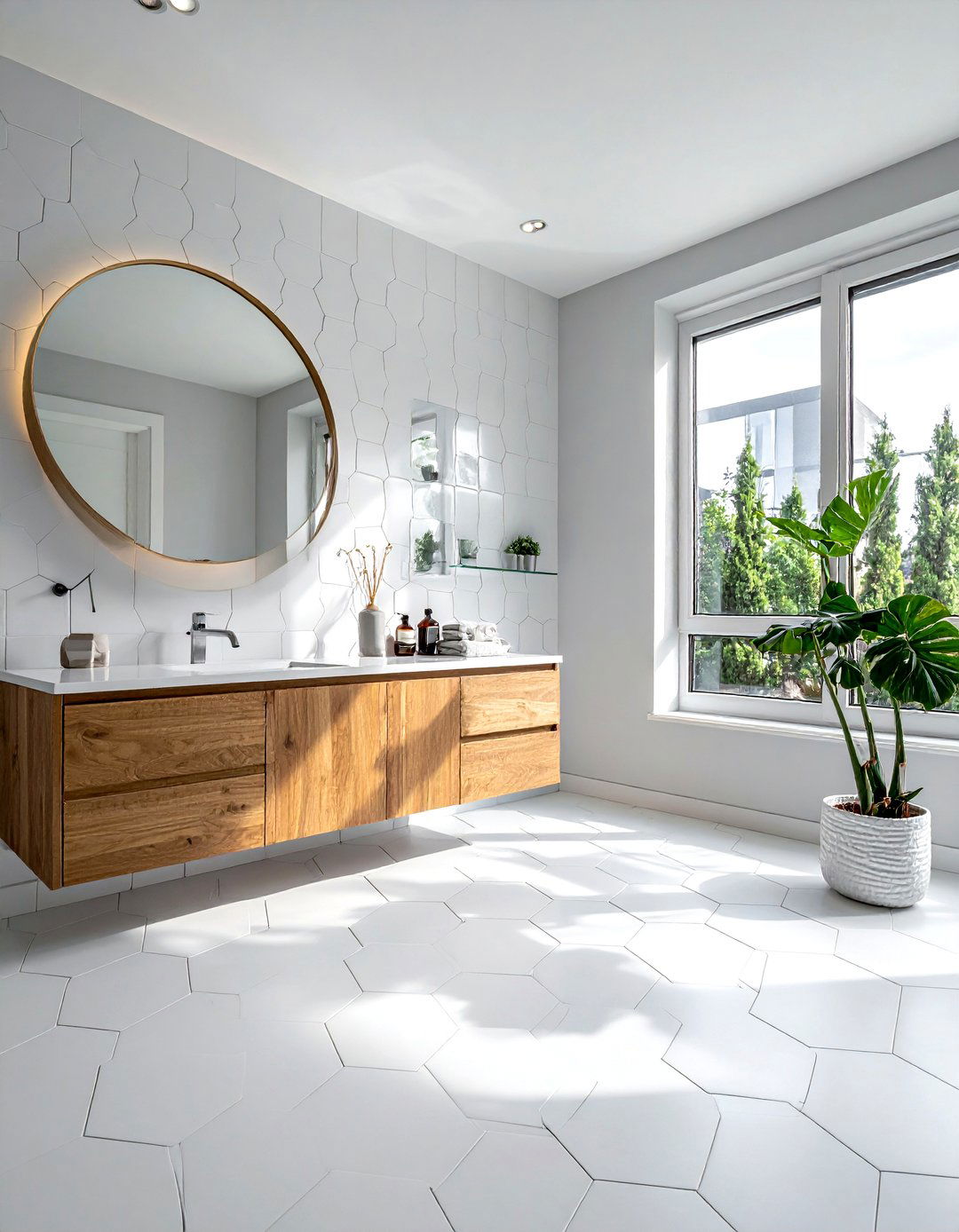 Large white hexagon tile floor - 30 white hexagon tile bathroom ideas