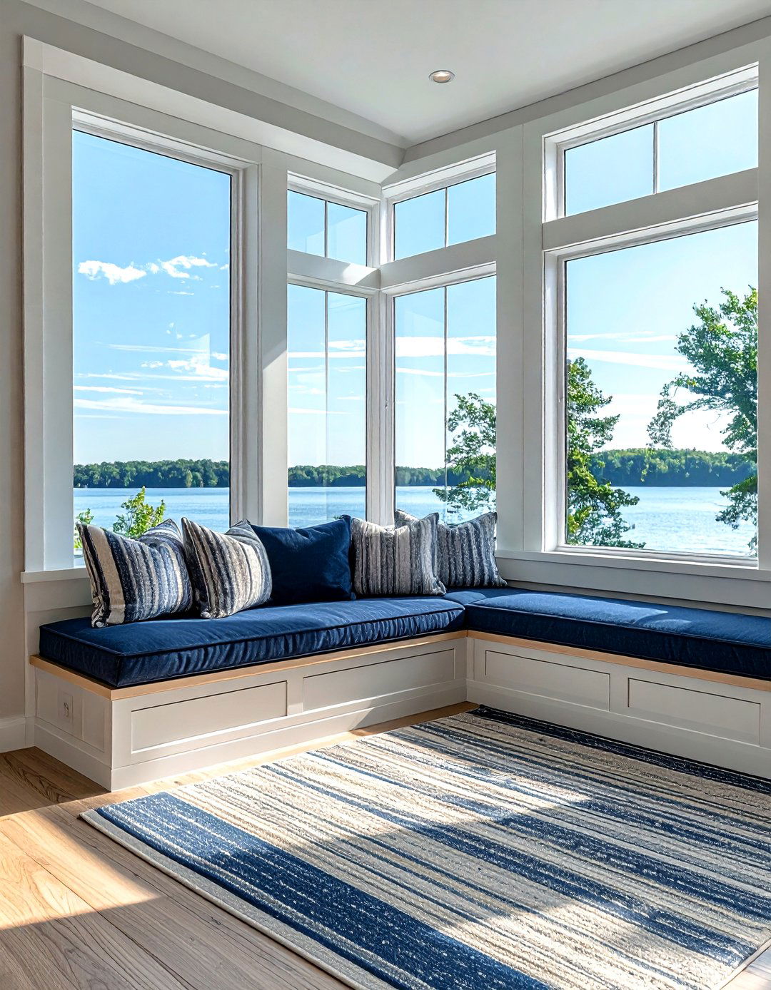 Large window bench living room - 30 living room lake house furniture ideas