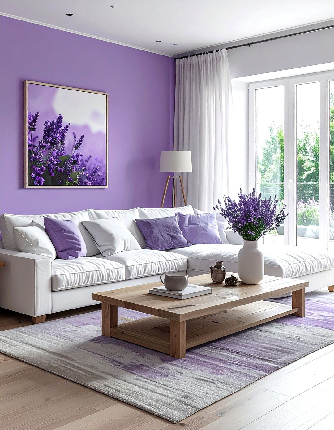 Lavender accent wall living room - 30 lavender and white living room ideas