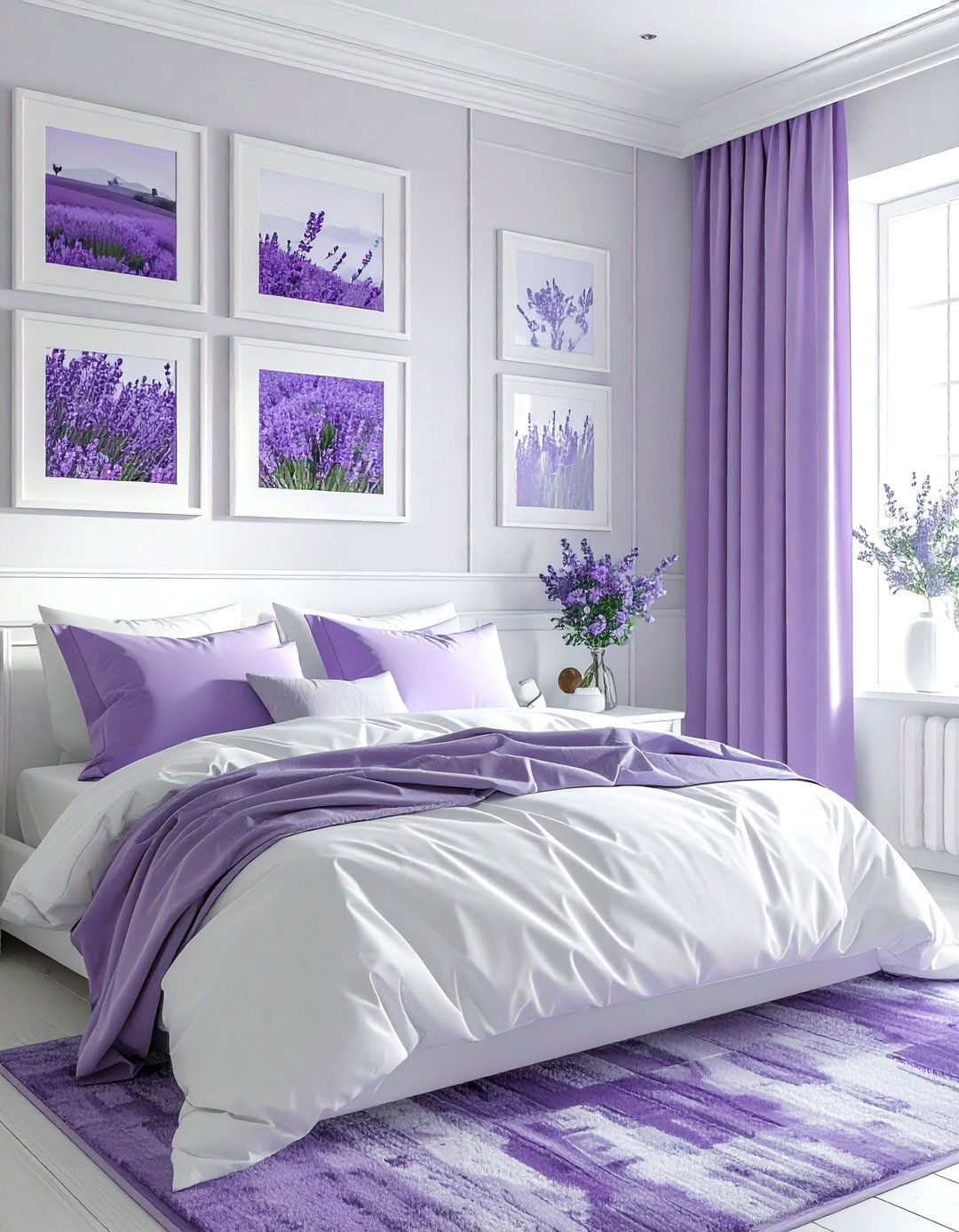 Lavender and white gallery wall - 30 lavender and white bedroom ideas