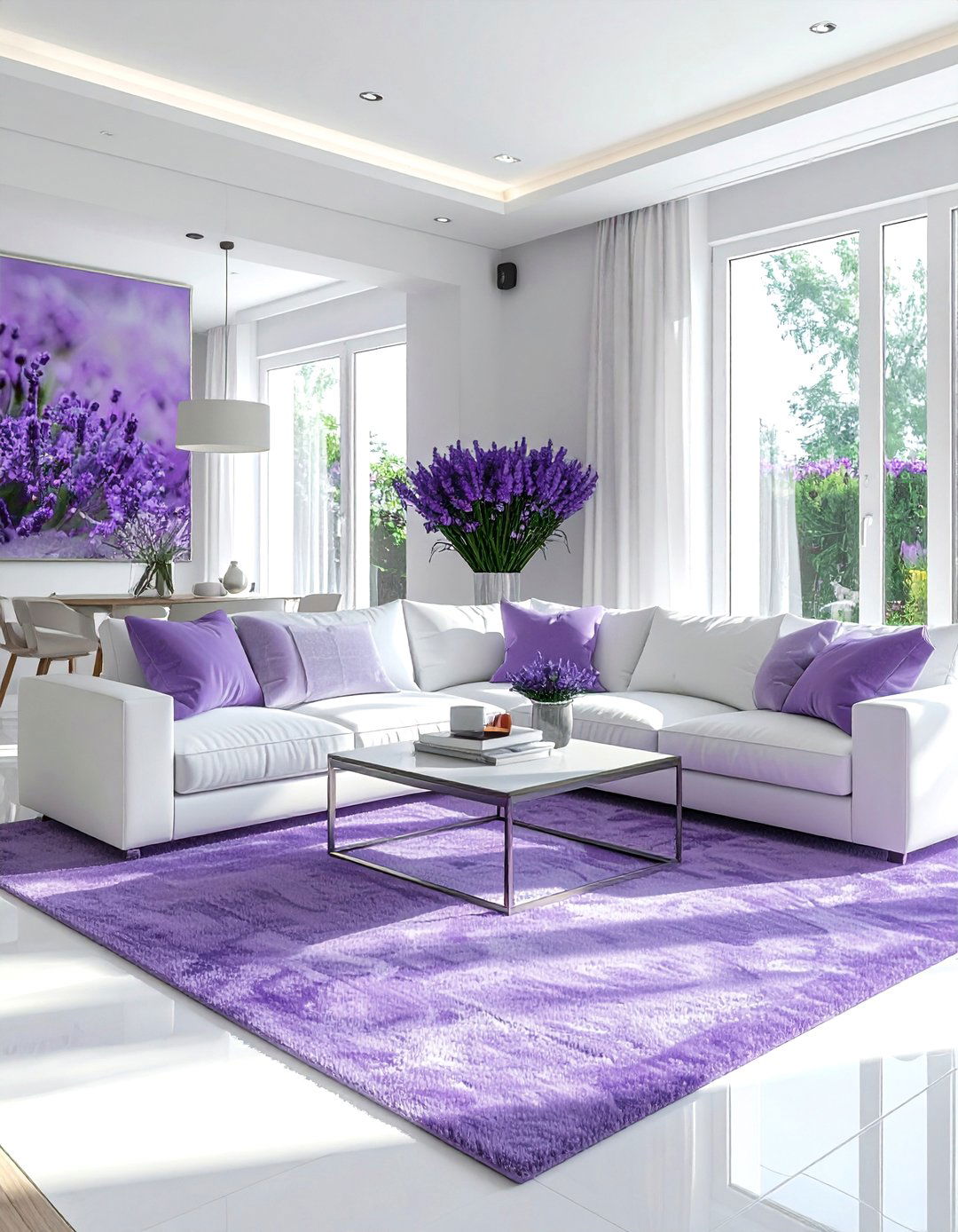 Lavender and white open concept - 30 purple and white living room ideas
